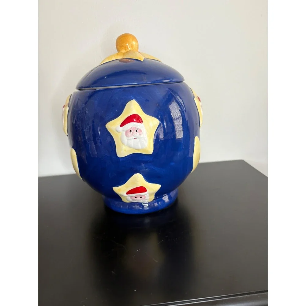 Round Santa Moon Star Blue Ceramic Cookie Jar Whimsical Christmas‎ Holidays